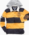 This hooded Tommy Hilfiger rugby with keep him covered in classic sporty style.