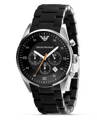 From Emporio Armani, a black chronograph watch with round dial and three eyes. Black silicon wrapped stainless steel bracelet. Sweep secondhand.