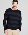 Baby camel hair, merino wool and nylon combine for a dramatically soft stripe sweater that pairs with designer jeans for a powerful cool weather tandem.