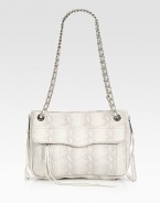 Silver-toned chain hardware denotes a modern design in this impeccably-crafted lizard-embossed leather shape. Double chain shoulder straps, 11¾ dropMagnetic snap closureOne outside flap-zip pocketProtective metal feetOne inside zip compartmentOne inside zip pocketTwo inside open pocketsCotton lining11¼W X 8¼H X 4DImported