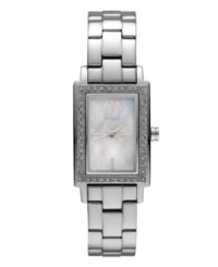 Small touches speak volumes. Add sophistication with this watch by DKNY. Stainless steel bracelet and rectangular case. Bezel embellished with crystal accents. Mother-of-pearl dial features applied silver tone stick indices at twelve, three, six and nine o'clock. three hands and logo. Quartz movement. Water resistant to 30 meters. Two-year limited warranty.