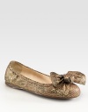 Python stamped metallic leather flat with bow detail. Python stamped leather upperLeather liningRubber solePadded insoleMade in ItalyOUR FIT MODEL RECOMMENDS ordering one half size up as this style runs small. 