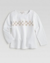 Crafted in stretchy cotton, this long-sleeved pullover features a gold studded GG pattern.CrewneckLong sleevesShoulder buttonsCotton/ElastaneDry cleanImported