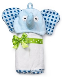 With checkered ears and a jaunty trunk, the elephant on this so-soft hooded terry towel will keep baby smiling and warm. It comes tied up with a polka dotted bow - an adorable gift for a baby shower!