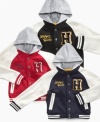 Go varsity! Get your little letterman playing on the right team with a varsity jacket from Tommy Hilfiger that features an attached hood and a full complement of collegiate detailing.