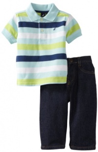 Nautica Sportswear Kids Baby-boys Infant Short Sleeve Striped Polo with Denim Pant, Light Blue, 18 Months