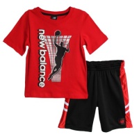 New Balance Kid Boys 2 Piece Red Basketball Athletic Shirt Black Mesh Shorts