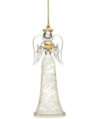 An aura of love pours out of this ornate angel ornament from Lenox. With exquisite detail and sparkling accents, this angel stands tall as she holds a striking gold heart. With gold hanging thread.