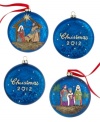 Bring peaceful tidings to your tree with these stunning ornaments, crafted of glass with a blue matte finish and antique silvering. Marked with the year of issue: Christmas 2012. Shown front and back.