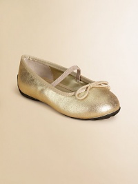 A timeless ballet flat becomes a seasonal staple in shiny metallic leather with grosgrain trim, bow detail and elastic strap.Elastic strapPatent leather upperLeather liningRubber soleImported