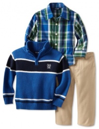 Izod Kids Baby-boys Infant Stripe 1/4 Zip Sweater With Plaid Woven Shirt and Pant, Medium Blue, 18 Months