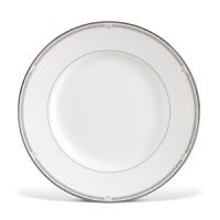 Sloane Square features a chic and simple tailored band, with details of platinum dots, which create a clean and sophisticated look. The accent plate features a wide band of gray mica with true geometric flare in the quadrant design around the border of the plate. Made in England.