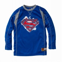 Batman Long Sleeve Poly Pique Crew Neck Ringer Jersey w/ 3D Screen print Superman Boys Logo