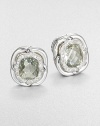 From the Labyrinth Collection. Beautiful, faceted prasiolite surrounded by dazzling diamonds and sleek sterling silver. PrasioliteDiamonds, .24 tcwSterling silverSize, about .39Omega post backImported 