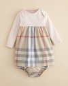 A cute classic rendered in soft jersey cotton, with a woven ruffle skirt printed in Burberry's iconic check design.