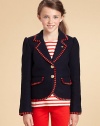 A preppy sailor-style blazer with contrast striped piping and slightly puffed sleeves.Notched collarFront buttonsLong sleevesFlap front pocketsBack tab with buttonsBack ventsFully lined60% wool/40% nylonDry cleanImported Please note: Number of buttons may vary depending on size ordered. 