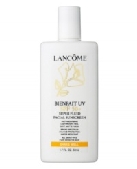 Introducing Bienfait UV SPF 50+ Super Fluid Facial Sunscreen For All Skin Types Perfect UV shield to wear every day over your Lancôme moisturizer, under makeup or alone for fun in the sun. Lightweight, oil-free, non-comedogenic sunscreen offers broad spectrum, SPF 50+, UVA/UVB protection.  High SPF gives skin more protection from UVB rays that cause sunburn and UVA rays that contribute to skin damage and premature skin aging. Retains SPF after 40 minutes of activity in the water or perspiring. Glides on smoothly; leaves skin with a soft matte finish.