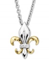 Symbolic and sparkling, this pretty Fleur De Lis pendant matches perfectly with any outfit, while diamond accents add shine. Crafted in sterling silver and 14k gold. Approximate length: 18 inches. Approximate drop: 1/2 inch.