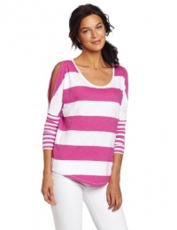 C&C California Women's Stripe 3/4 Sleeve Cut Out Shoulder Tee, Purple Orchid, Small