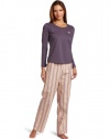 Izod Women's Long Sleeve Tee with Striped Flannel Pant Pajama Set