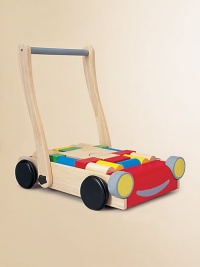 Made entirely of recycled materials, this baby walker will provide hours of fun for little ones and also help develop postural control and movement skill development. For ages 1 and up Specially designed handle can be adjusted to different heights and stiffness for stability and child safety. Set includes 24 colored and natural blocks About 11W X 19¼H X 14¼D Keep dry Imported