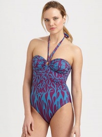 Flattering ruching accentuates the bust as the keyhole center adds a seductive touch to this swim design.Bandeau topHalter strap ties at neck70% polyamide/30% elastaneDry cleanMade in Italy