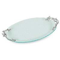 Inspired by the sparkling clarity of the ocean's surface, this oval glass platter will make the perfect centerpiece at your next seafood-centric party. The handles are nickel plate coral branches.