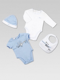 The perfect baby boy gift set with two bodysuits, hat and bib in ultra-soft cotton, adorned with Gucci logo print. Bodysuits CrewneckShort and long sleevesBack snapsBottom snaps Bib Adjustable snaps closureCottonMachine washMade in Italy Please note: Number of snaps may vary depending on size ordered. 