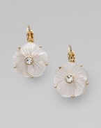 Mother of pearl flowers feature sparkling glass bead centers.Mother of pearl, glass 12K goldplated Drop, about 1 Width, about ½ Leverbacks Imported