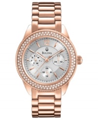 A dressy sport watch from Bulova with a ladylike touch of rose-gold hues.