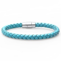 Oxford Ivy Teal Blue Braided Leather Bracelet - Stainless Steel Locking Magnetic Clasp (7 1/2 inch)