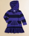 Stripes both thick and thin are enchanting on this cute pullover style of soft French terry with a cozy hood and a wide ruffle at the hem.Narrow-striped hoodRibbed crossover necklineLong sleevesSlightly flared bodyKangaroo pocketRuffled hemPullover stylingModal/cottonMachine washImported