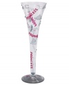 A flute fit for royalty, this Lolita champagne glass shimmers with rhinestones, crowns and decadent platinum essentials. Hot-pink writing screams princess from top to bottom. A bubbly cocktail recipe adorns its base. (Clearance)