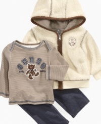 This hoodie, pants, and printed shirt set by Guess is un-bearable cute.