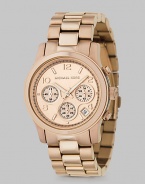 A sporty chronograph timepiece with date display in a rose goldplated stainless steel.Quartz movement Water resistant to 5 ATM Rose goldplated round stainless steel case, 38mm, (1.49) Light rose gold chronograph dial Date display between 4 and 5 o'clock Arabic numeral and index hour markers Second hand Rose goldplated link bracelet Deployment buckle Imported 