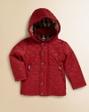 A quilted classic with detachable hood, check lining and zippered pockets in an A-line silhouette to help your mini-me brave the elements in style.Snap-off hoodShirt collarLong sleevesSnap-front with concealed zipperSide slash pockets with zippersNylonMachine washImported Please note: Number of snaps may vary depending on size ordered. 