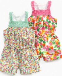 As delicate as a flower. Show off her sweet, girlie side with this crochet-accented romper from First Impressions.