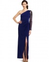 BCBGMAXAZRIA Women's Mishay One Shoulder Beaded Gown, Orient Blue, Medium