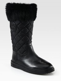 Soft rabbit fur tops this quilted nylon and leather essential, with a rubber trek sole for durability and added traction. Rubber heel, 1 (25mm)Rubber platform, ¾ (20mm)Shaft, 11¼Leg circumference, 13Nylon and leather upper with rabbit fur trimPull-on styleFleece liningRubber solePadded insoleImported