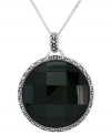 Elegant in onyx. Genevieve & Grace puts a faceted onyx (26 ct. t.w.) front and center in its necklace and pendant, with marcasite adding to the appeal. Set in sterling silver. Approximate length: 18 inches. Approximate drop: 1-5/8 inches. Approximate diameter: 1-1/4 inches.