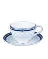 Set the table with English country charm with the Countess Collection form Royal Doulton. A charming lattice design is accented by cobalt and silver bands as well as delicate paisley flowers. Teacup shown front.