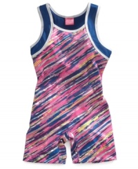 An energetic print to keep her motivated. Future Star's vibrant leotard design will help her reach athletic gold.