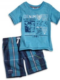 GUESS Kids Boys Baby Screen Tee & Plaid Shorts Set (, TURQUOISE (12M)