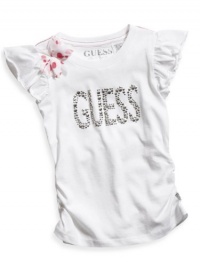 GUESS Kids Girls Little Girl Top with Chiffon Flower, WHITE (5/6)