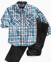 He'll be stylishly casual in this woven plaid shirt and pant set from GUESS?.