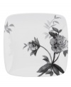 Subdued in shades of gray, the vivacious florals of Moonlit Garden square dinnerware adorn this sleek white dinner plate with modern romance. In durable Lenox porcelain.