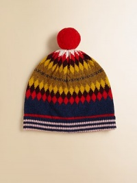 Featuring a colorful, geometric intarsia design in toasty lambs wool with a pom-pom.Pull-on styleWoolDry cleanImported