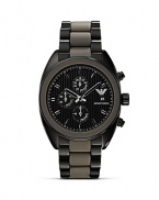 A hard-hitting take on sporty style, Emporio Armani's bold black-faced chronograph is an athletic add-on. Wear it to work or to work out; it will be on-trend anywhere you fasten it.