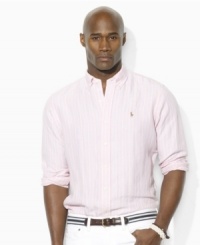 Cut for a relaxed, classic fit, a sophisticated long-sleeved shirt is crafted in soft woven cotton with a preppy, multi-hued striped pattern for timeless appeal. (Clearance)