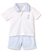 He'll look great in gingham! Kissy Kissy's completes his look with a short sleeve polo, embroidered with a teddy bear at the chest and complementary gingham short.